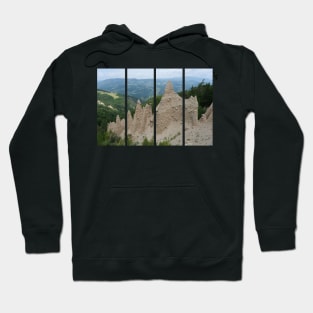 The incredible earth pyramids of Collepietra (Piramidi di Terra) in the Dolomites. Striking place. Italian Alps. Sunny spring day with no people. Valley in the background. Trentino Alto Adige. Hoodie